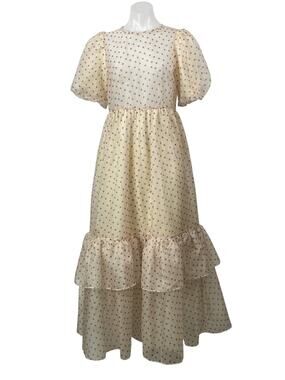 by TiMo Cream Short Puff Sleeves Polka Dots Tiered Ruffles A-line Maxi Dress S